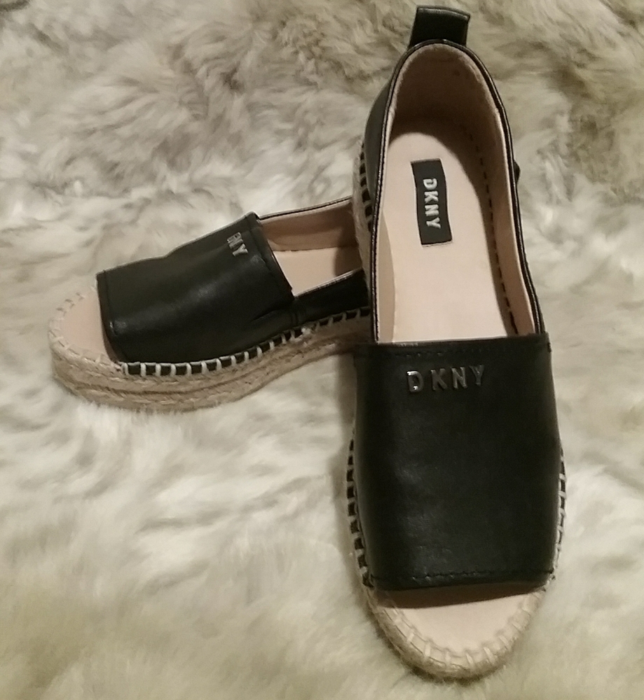 DKNY Black Leather Espadrille Slip-On Sandals